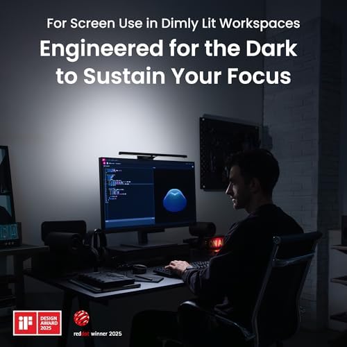 BenQ ScreenBar Halo 2 in dimly lit workspace product image with detailed view and professional lighting