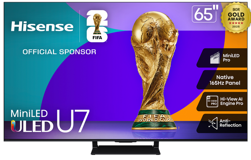 Hisense U7QG 65-inch mini-LED TV product image with detailed view and professional lighting