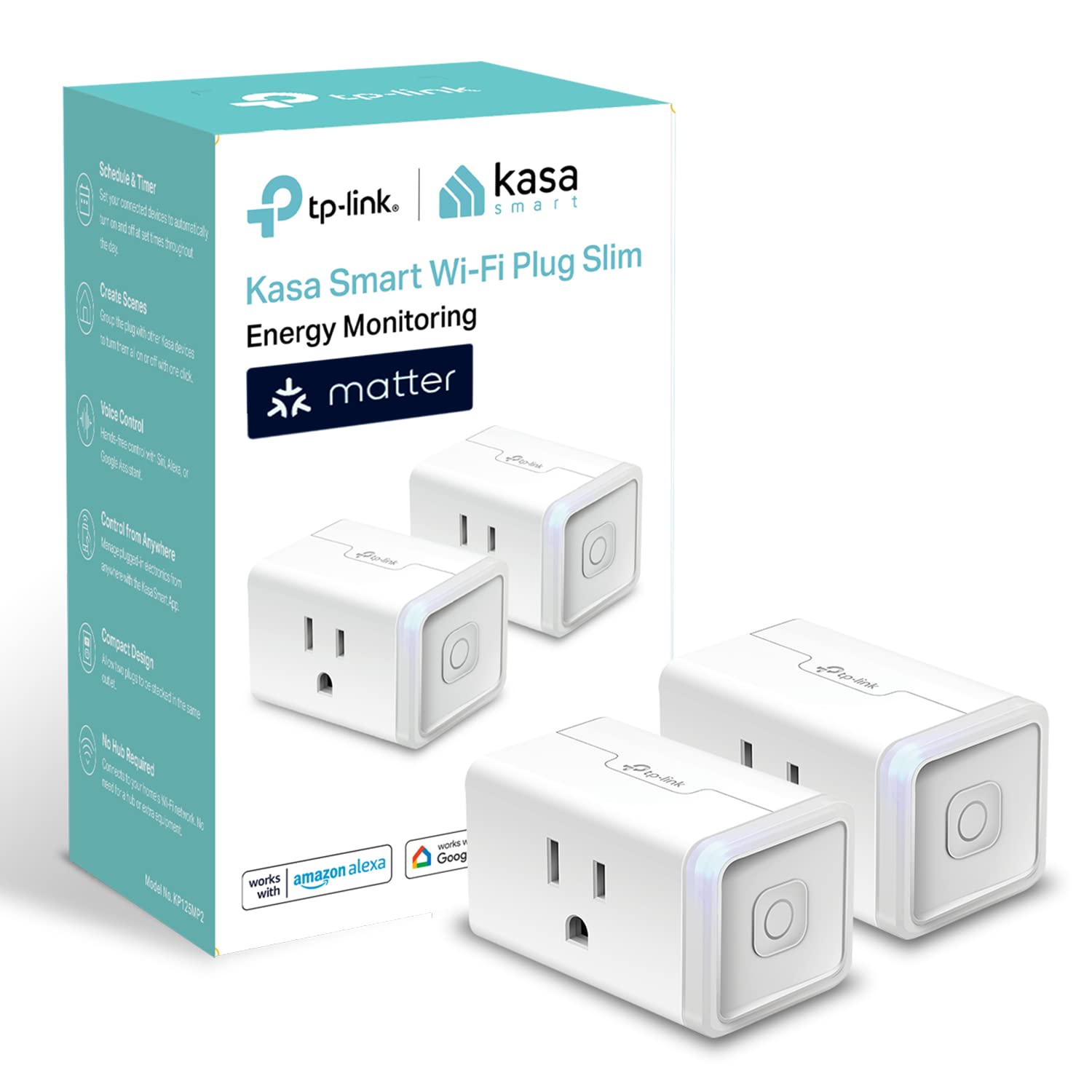 Kasa KP125M smart plug with Matter support and energy monitoring product image with detailed view and professional lighting