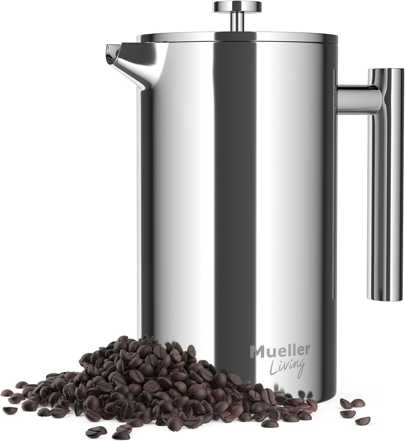Mueller stainless steel french press product image with detailed view and professional lighting