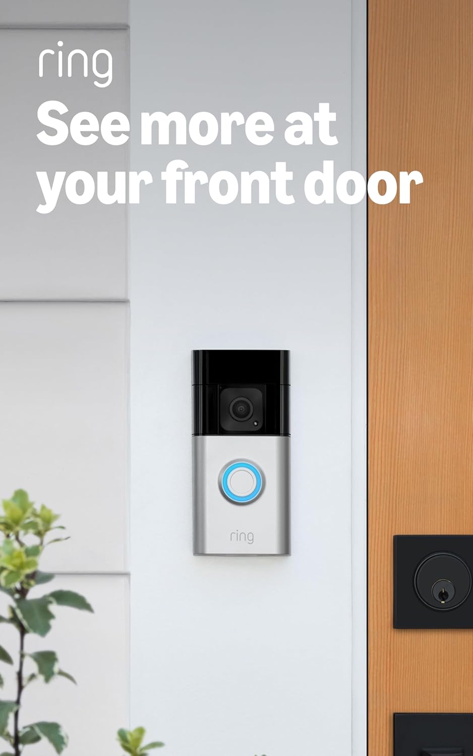 Ring Battery Doorbell Plus in satin nickel product image with detailed view and professional lighting