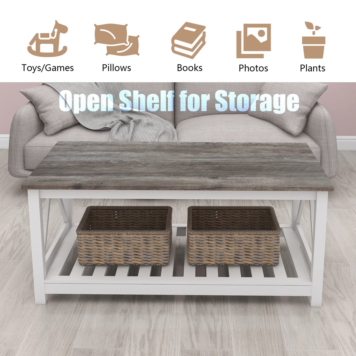 UYIHOME Farmhouse Coffee Table in living room setting